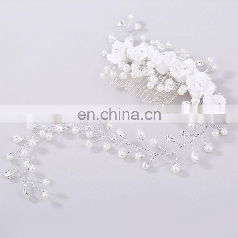 Bridal Wedding Crystal Bride Hair Accessories Pearl Flower Headband Handmade Hairband Beads Decoration Hair Comb