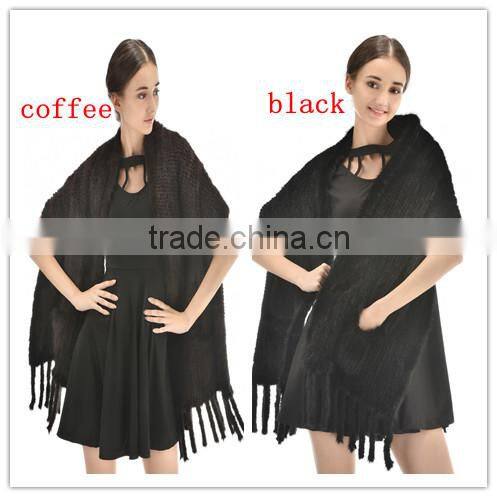 Hot Selling Style 2015 Fashionable Knitted Real Mink Fur Shawl with pockets