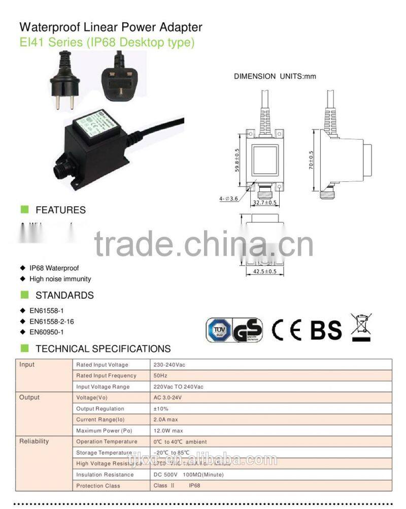 With 2-year product warranty CE, ROHS, TUV approved waterproof ac dc adaptor class 2 transformer