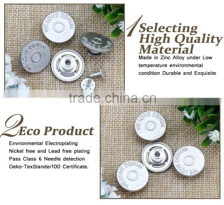 Fashion custom logo metal brass jeans rivets buttons for jeans