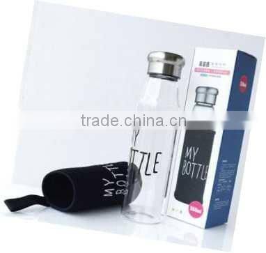 2015 high quality glass bottle with tea coat , BPA Free Glass Water Bottle
