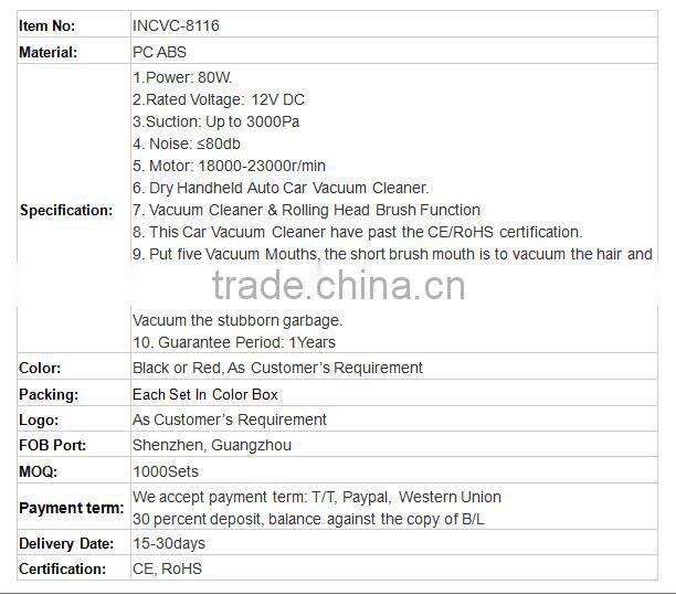 Dark red Portable 12V 80W Mini Car and Dry Car Vacuum Cleaner