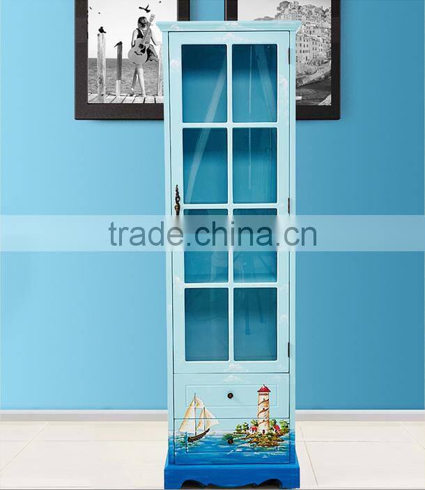 Mediterranean Style Liquor Cabinet, Sailing Boat Handpainting Wooden Drinks Cabinet, Pastoral Living Room Showcase (BF01-X1151)