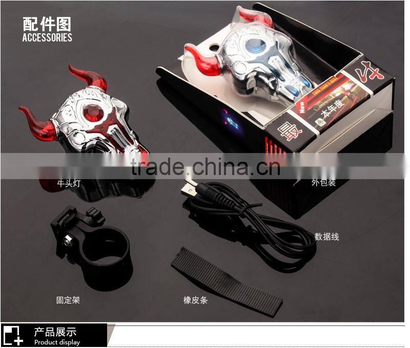 2016 new Bull Head LED Bike Bicycle Lamp USB Rechargeable Tail Rear Light with Laser
