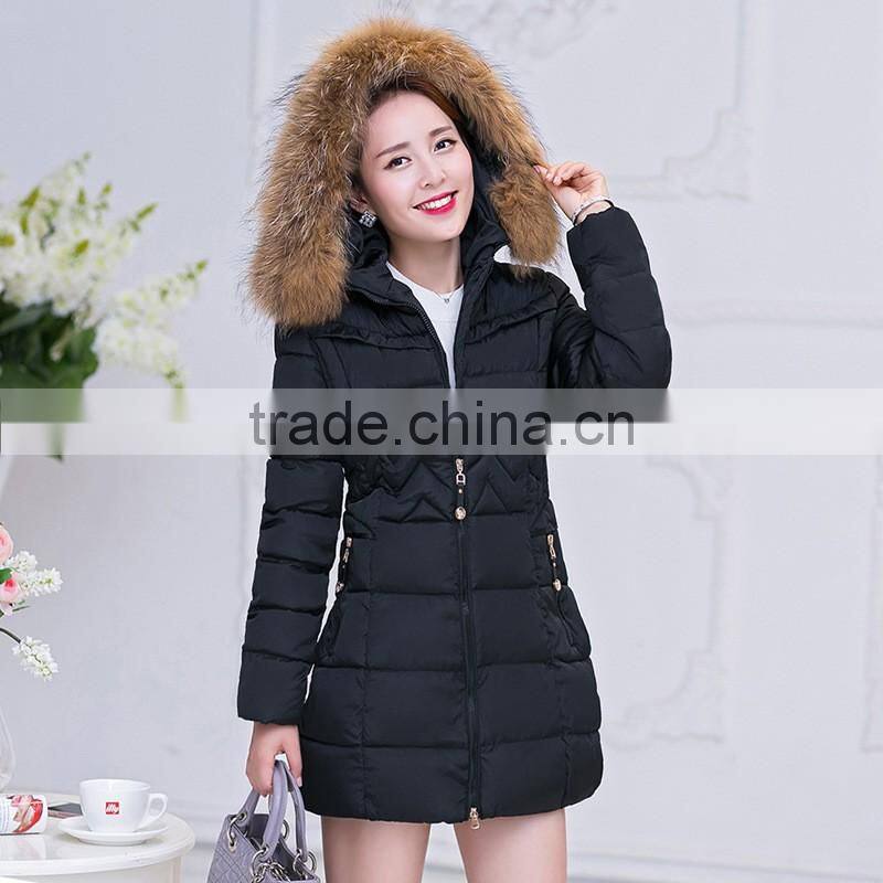OEM Wholesale Winter Women Thicken Cotton Fur Collar Hooded Down Long Parka Jacket Coat