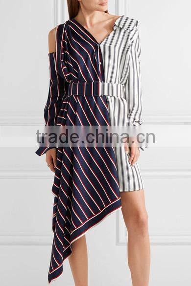 Plus size Off-the-shoulder asymmetric striped shirt with long sleeve