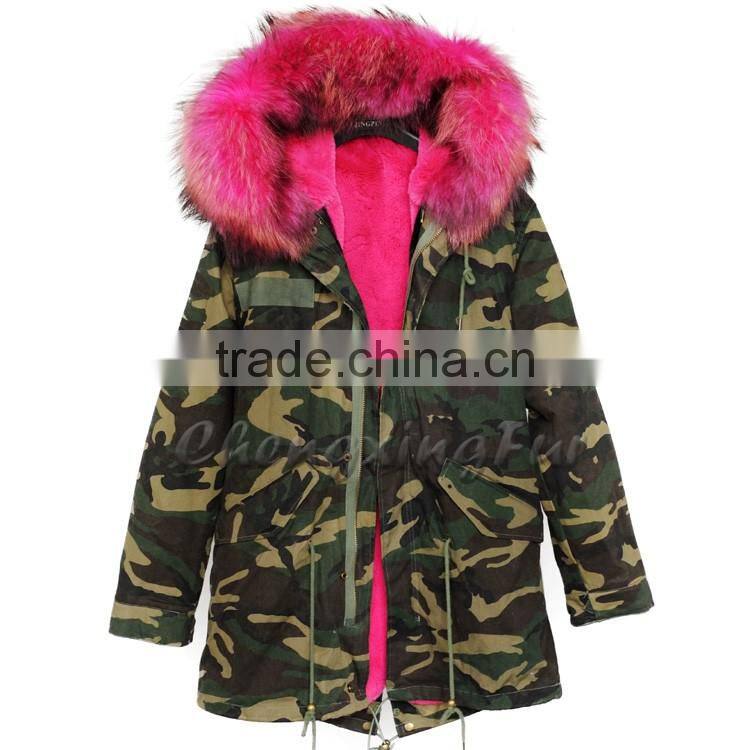 CX-G-P-11 Hot Selling Fur Coat Factory Raccoon Collar Fake Fur Parka Coat