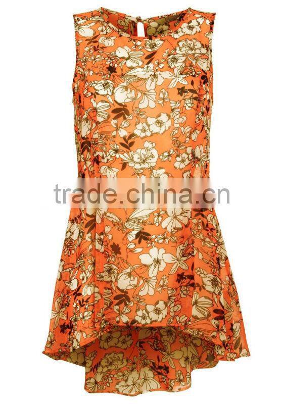 Women clothing for print drop back hem chiffon top China manufacturer