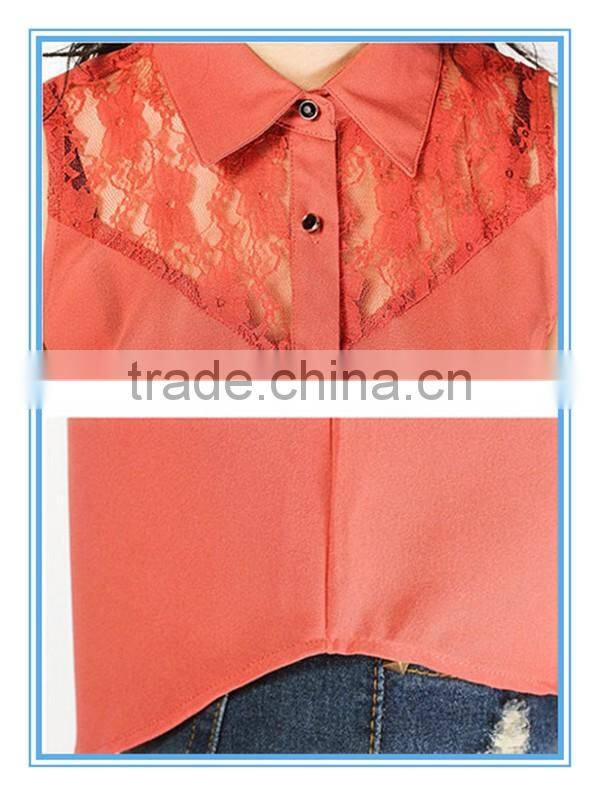 2016Fashion Coral Applique Sleeveless Chiffon Women Blouse Tops Designs