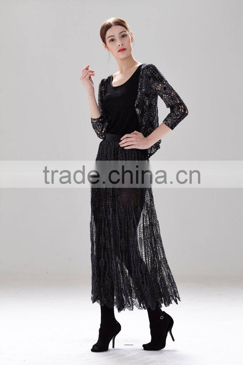 Ladies fashion long skirt mesh pattern cotton perspective skirt SR-P9963