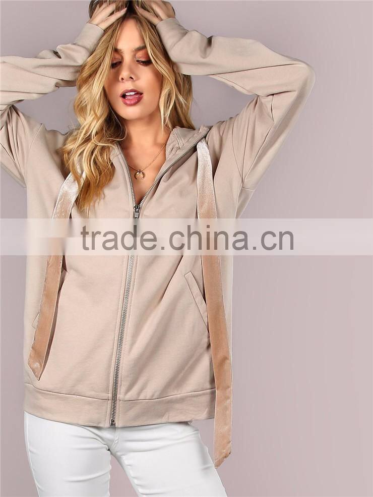 Plain Oversized Zip Up Jacket Velvet Drawstring With Hoody Women Long Sleeve Pocket Coat