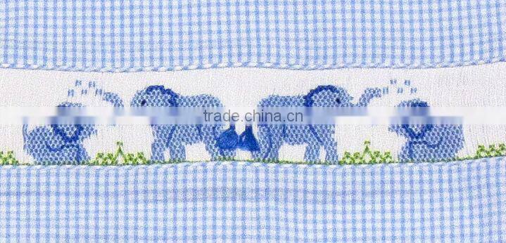 Baby Boy Light Blue Mini Gingham Smocked Happy Elephants Shortall
