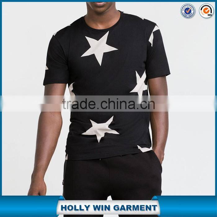 O neck black slim man cotton t shirt with stars printed