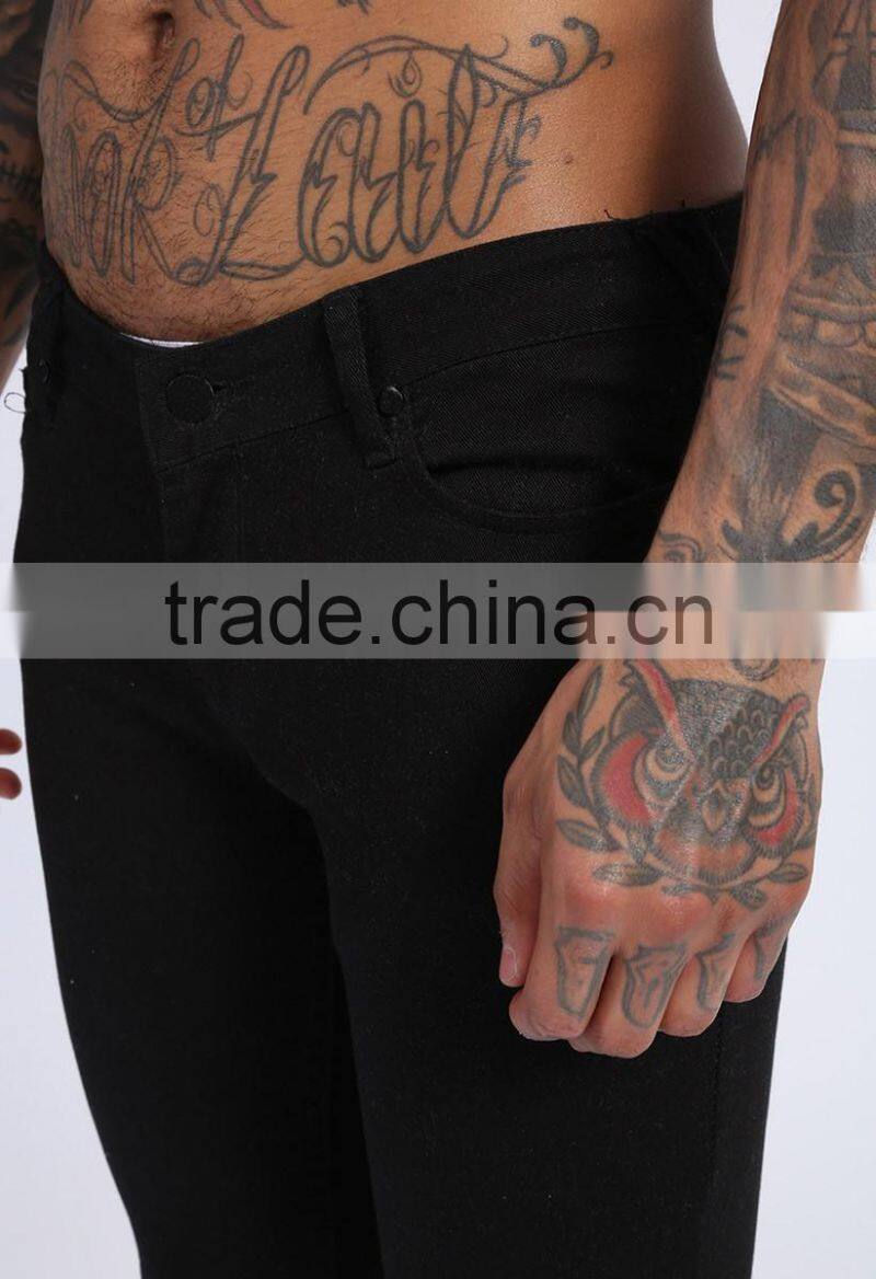 Mens 2016 fashion skinny jeans plain black slim denim jeans ripped jeans
