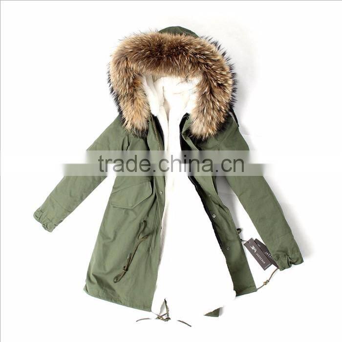Myfur Customized Fake Rabbit Fur Lining Plus Parka with Random Colorful Raccoon Fur Hood