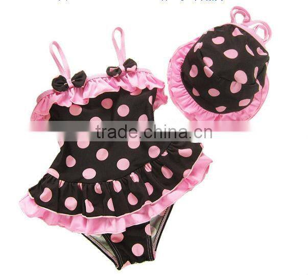 2016 In-stock Lovely Wholesale Boutique Summer Baby Girl Swimsuit Red Polka Dot Print Bikini Ruffles Swimwear With Cap