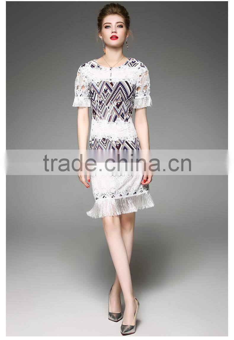 2017 New Design Factory Customized Summer Womens High Grade Slim Elegant Round Collar Tassels Short Sleeve Sexy party Dresses