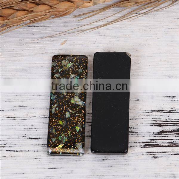 Resin & Shell Mosaic Dome Seals Cabochon Rectangle Black Glitter