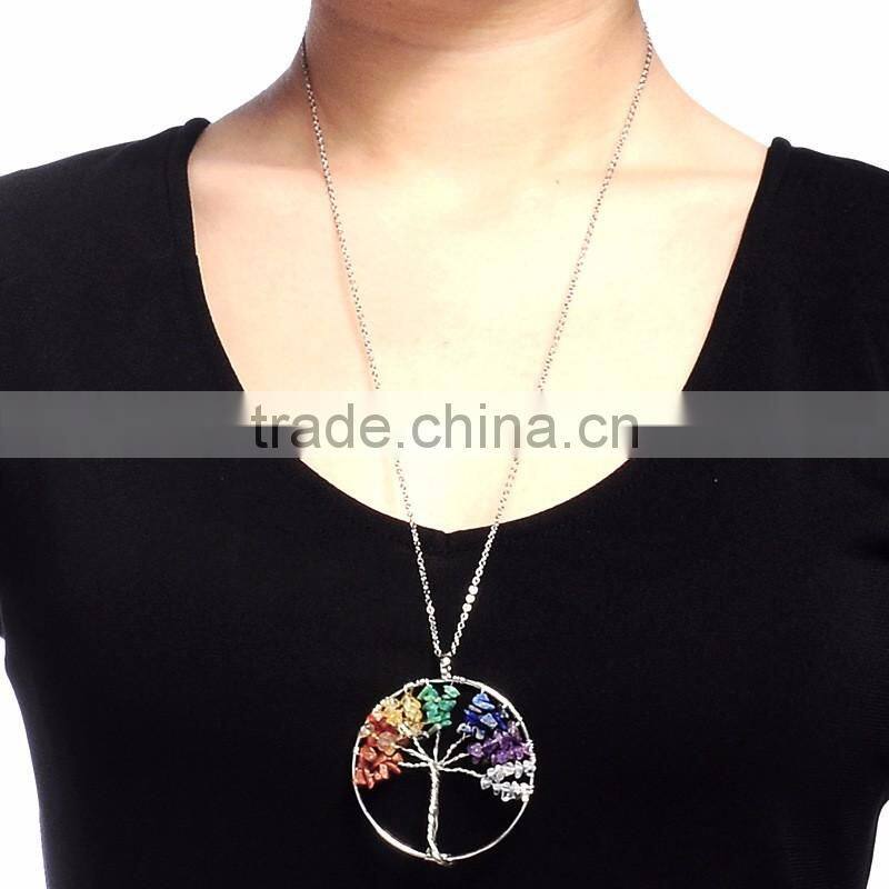 Natural Amethyst Reiki Chakra Tree of Life Crystal Wire Wrapped Pendant Necklace