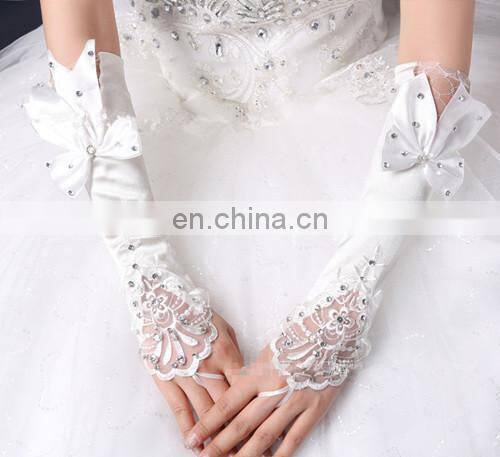 Latest Satin Elbow Length Bridal Glove Pearl Beaded &Rhinestone Big Bows With Lace Fingerless Gloves For Wedding Dress