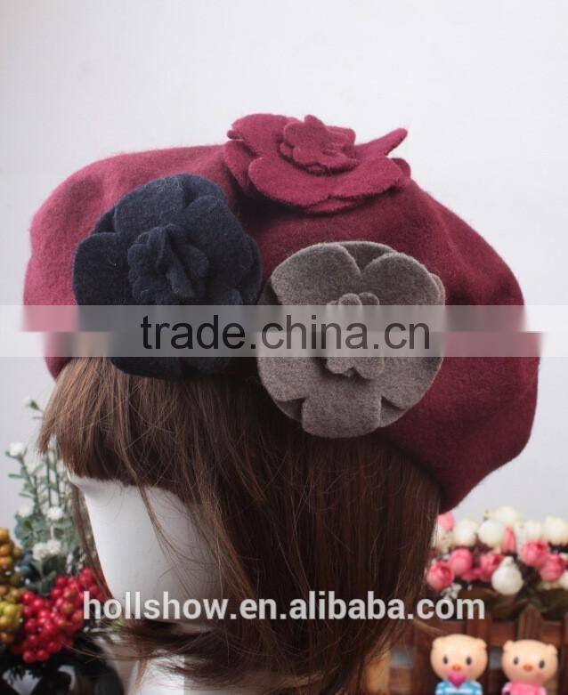 Wholesale Three Flowers Decorated Women Charm Elegant Wool Hat Beret