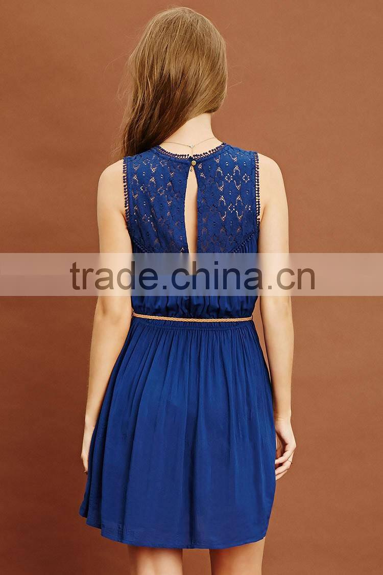 New Arrival Women Blue Elegant Short Casual Dress With Pleat