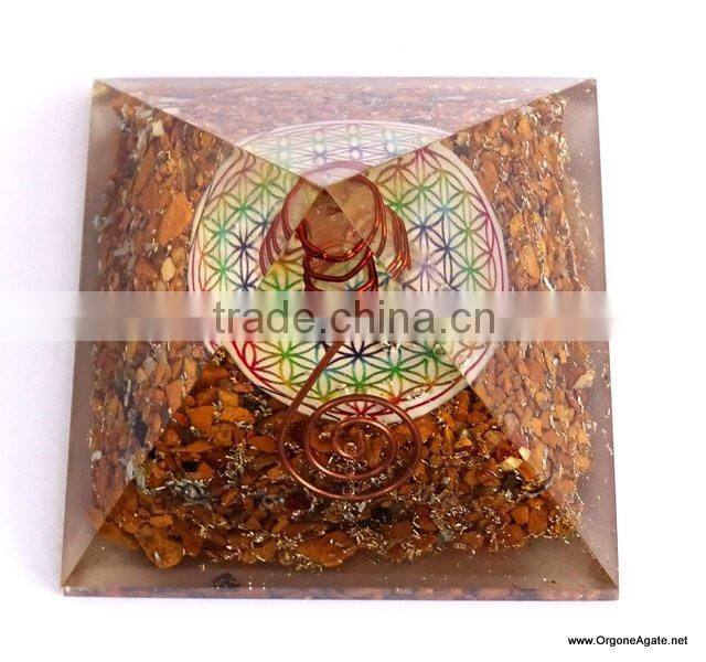 Big Orgonite Yellow Aventurine Pyramid With Flower Of Life Symbol And Crystal Point