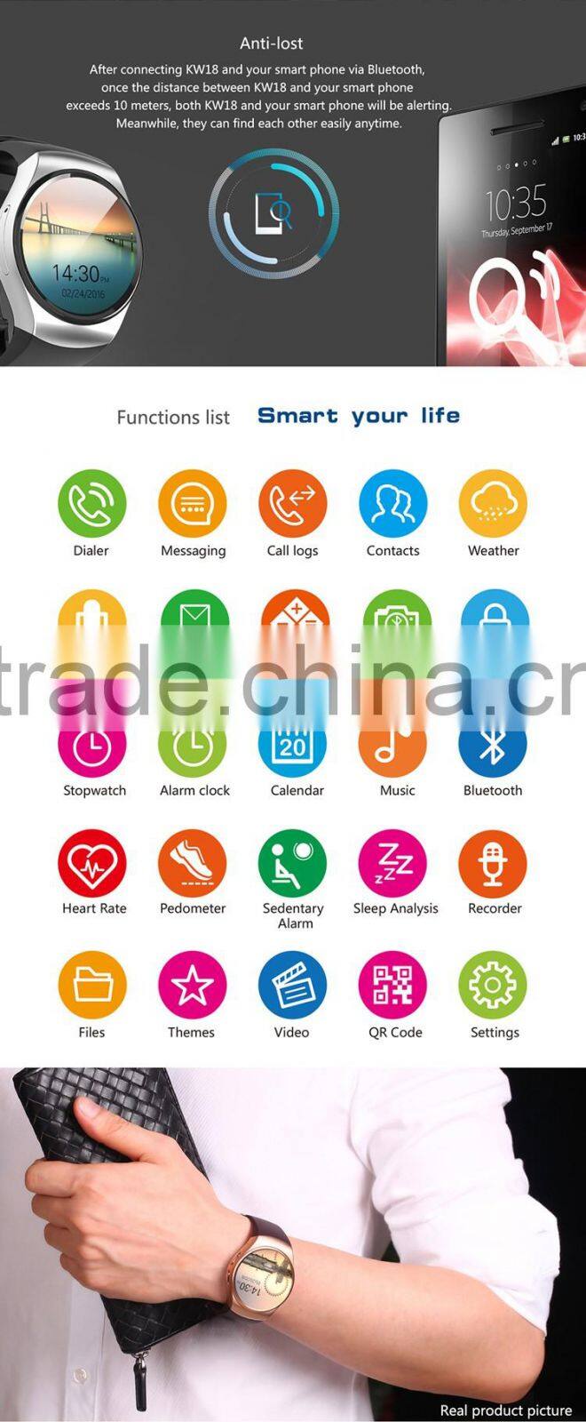 EXCELVAN Smart Watch KW18 SIM Watch MTK2502C Pedometer Heart Rate Monitor Touch Screen Smartwatch for iOS Android Smartphone