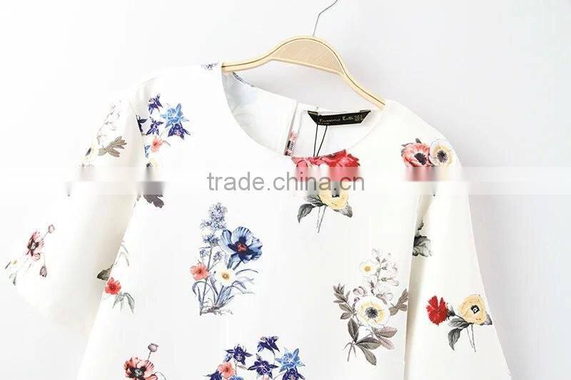 women clothing with flower round collar short sleeve shirt for women of digital printing fabric