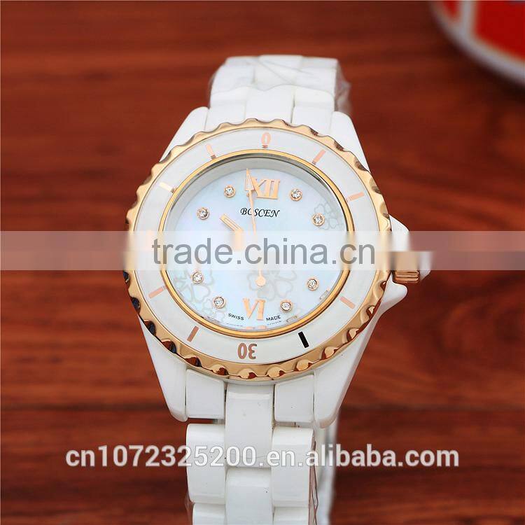 2016 BOSCEN Ladies Fashion White Ceramic Crystal Diamond Watches 3atm Water Resistant