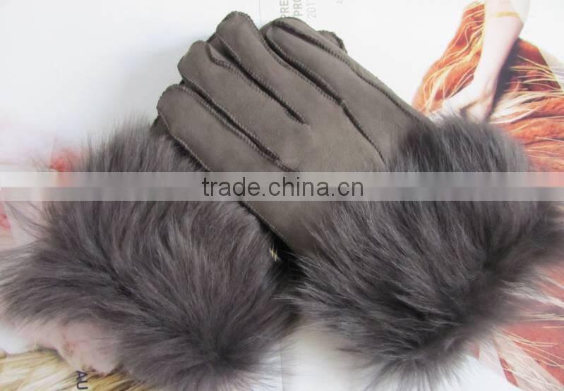 russia style sheep leather gloves with fox fur lining