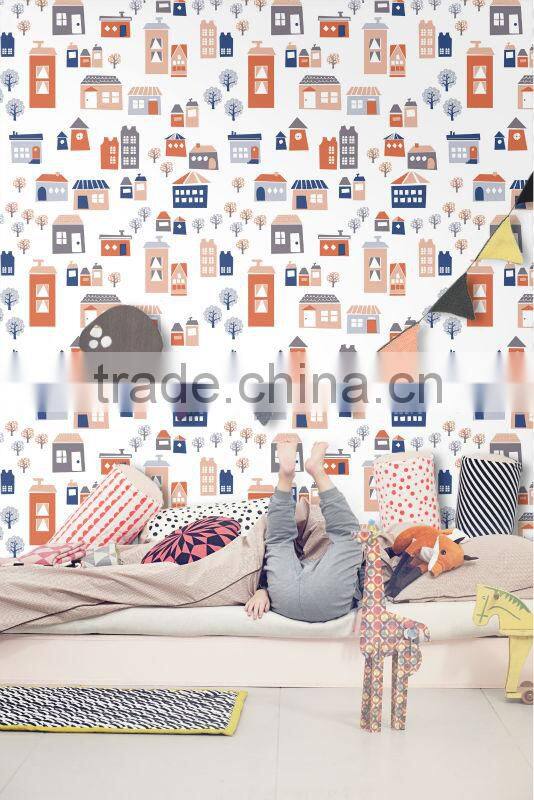 C10502 trees and house pattern natural fiber wallpaper