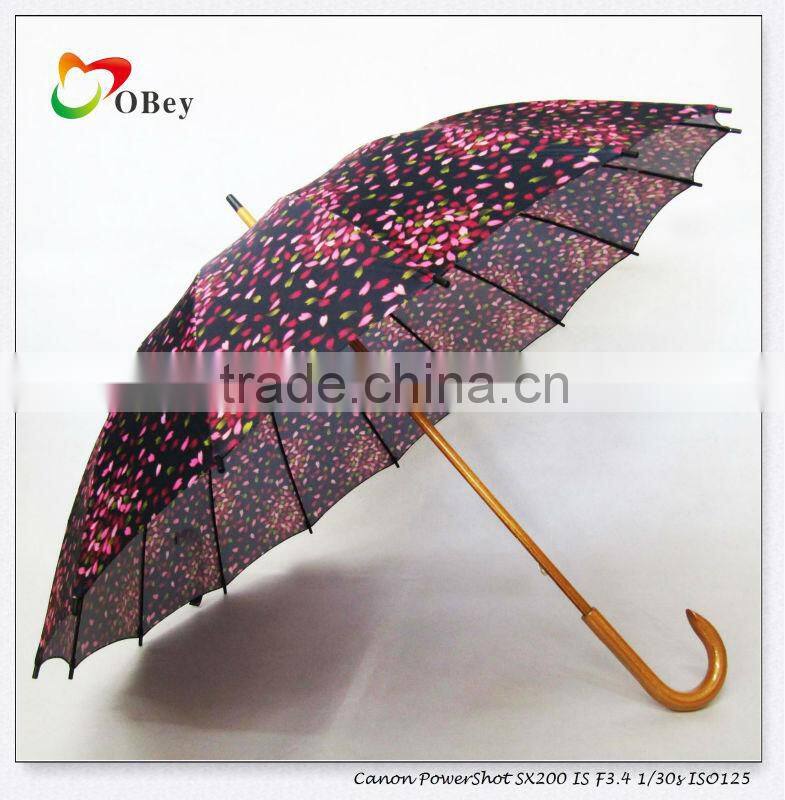Flower print wooden straight umbrella