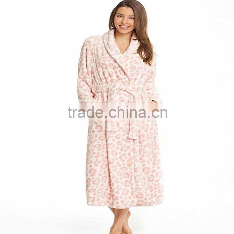 100% polyester coral fleece Leopard print long bathrobe for women Ladies night Robe