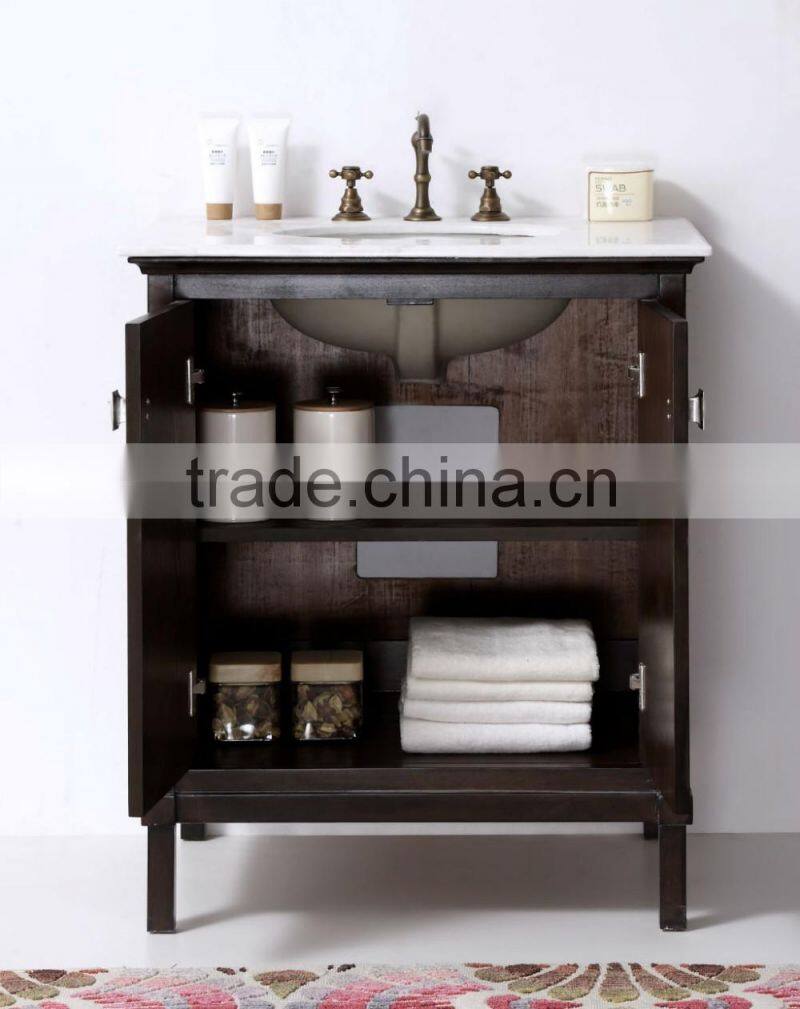 Brown wooden stain bathroom vanity cabinet with solid wood legs