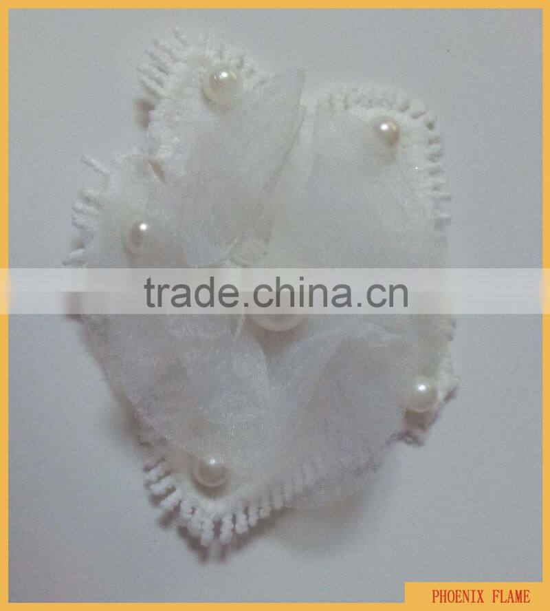 Fresh white polyester fabric flower trim with organza and pearls point FLP-005