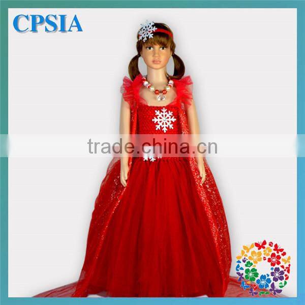 Children Boutique Clothing Girls Fancy Long Red Glitter Cape Snowflake Flower Tulle Dress Christmas Wholesale