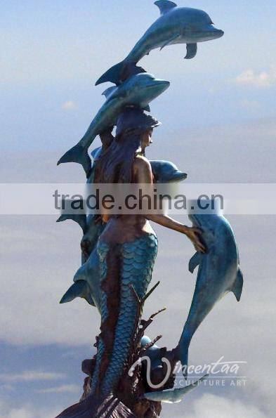 Garden Art Statue Bronze Casting Mermaid with 8 Dolphins Garden Fountain for Hot Sale