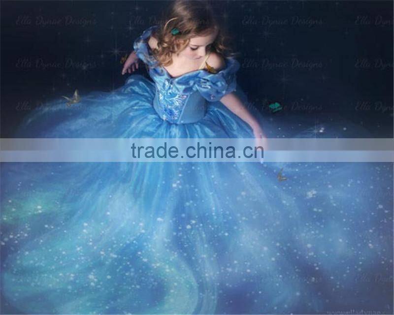 2015 OEM Service Kids Girls Cinderella Butterfly Blue Princess Girl Party Dresses Cosplay Costume Cinderella Lace Dress