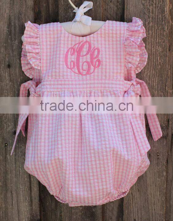 Baby Girls Seersucker Monogrammed Pink Grid Bubble Rompers