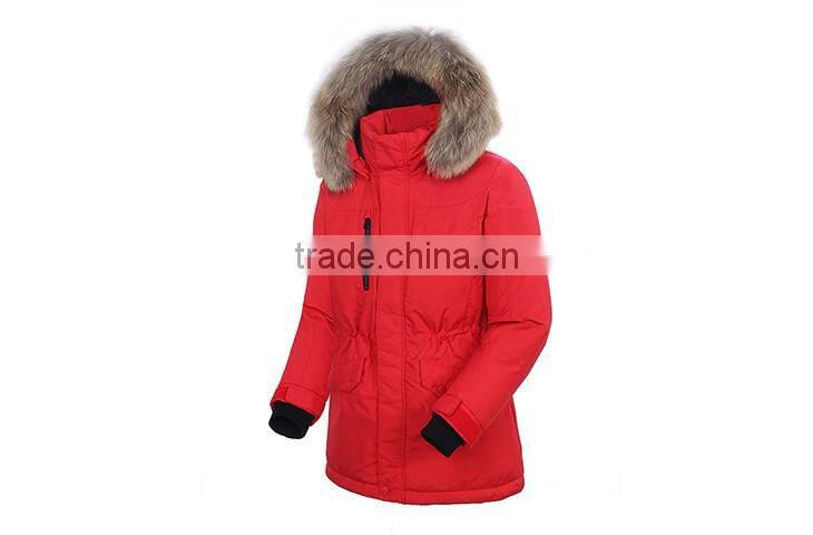Red outdoor down jacket for winters with fur