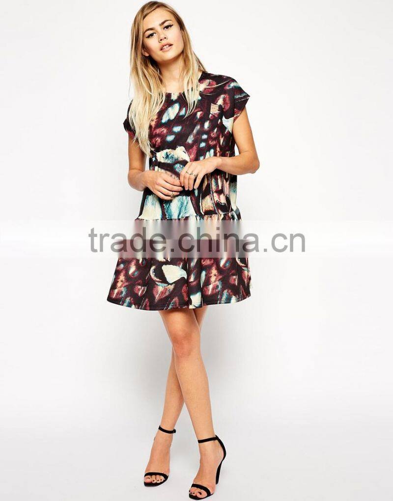 Bonded T-Shirt Shift Dress with Peplum Hem in Wing Print