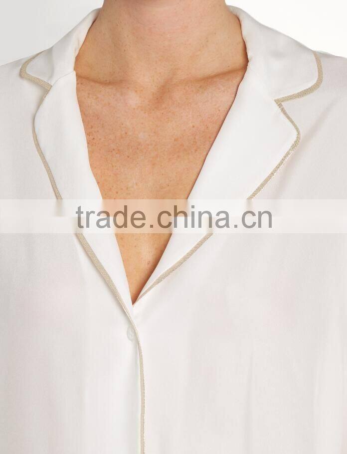 High Quality Shawl Collared White and Golden Color Contrasting Satin Sleepwear