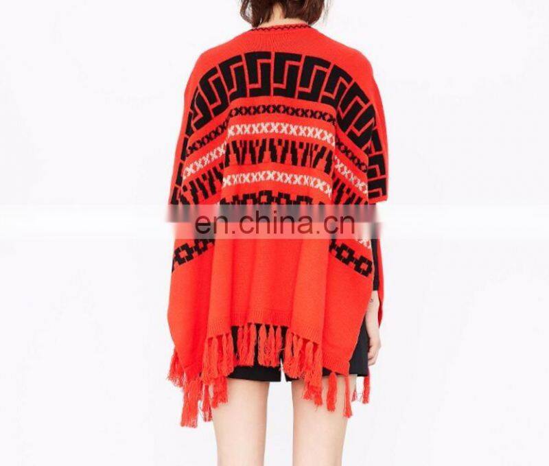 Red color New fashion computer knitted fringe poncho women