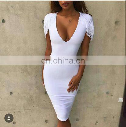 Clothes Women Elegant Dress Formal White Cap Sleeve Deep V Pencil Midi Bodycon Dress