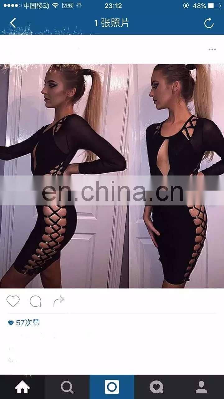 Amigo 2017 new design Black long sleeve cut out bingding revealing bandage dress midi prom dresses for hot body ladies