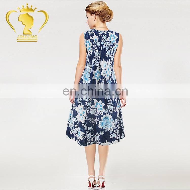 Wholesale girl fashion beautiful flower printed sleeveless lady summer dresses for mid aged women