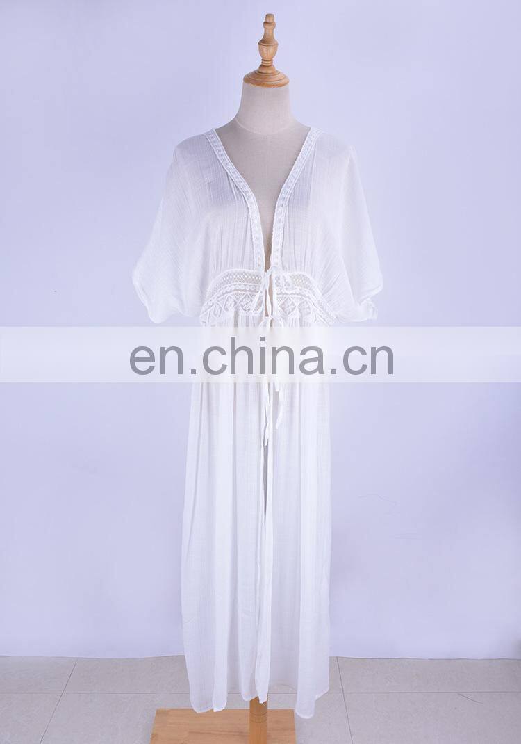 Summer Lace up Long Maxi Dress Swimwear 2019 Women Beach Bikini Cover up White Hollow Out Ladies Long Kaftan dress Sunscreen