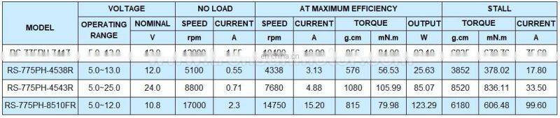 High Torque 1kg/cm carbon brush motor dc 12v 24v RS-775sh for robot