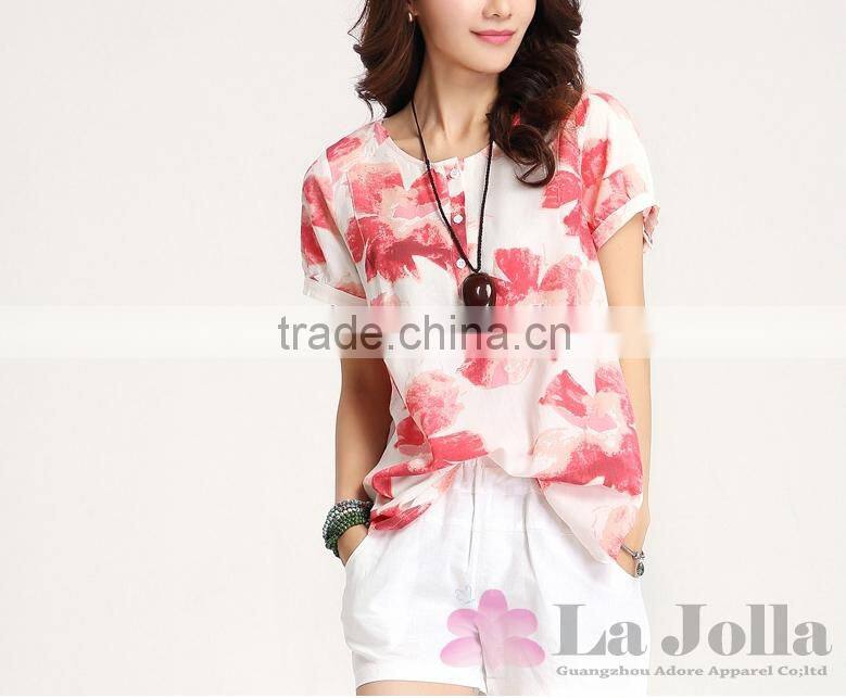 Latest Summer Fashion Ladies Flower Printed Chiffon Short Sleeves T-shirt 108